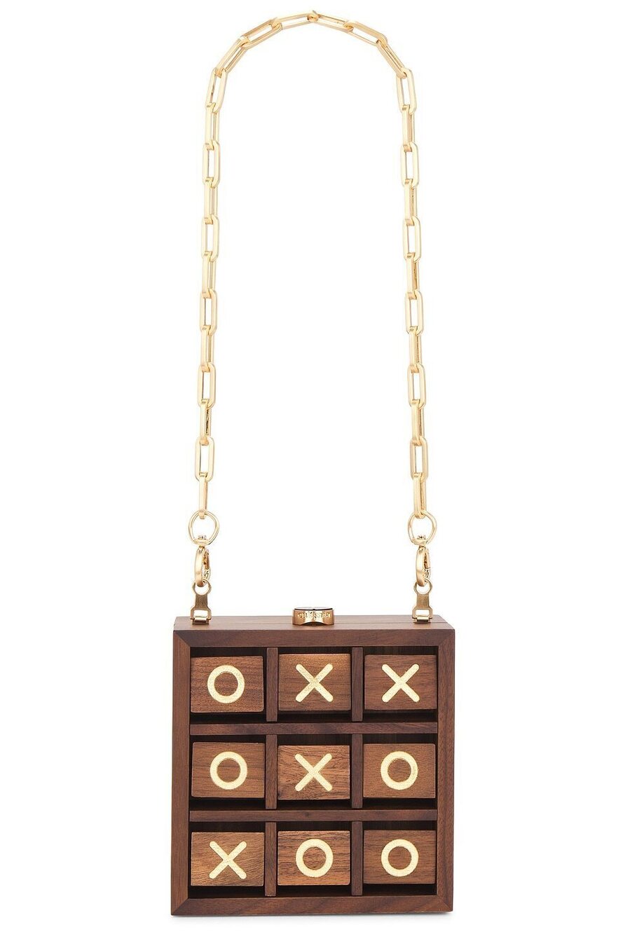 New Cult Gaia Tic Tac Toe Clutch in Walnut wooden box purse